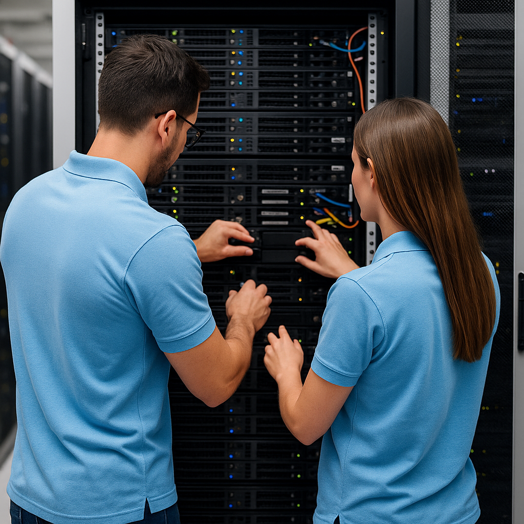 Image qui représente deux technicien en train de travailler sur un serveur