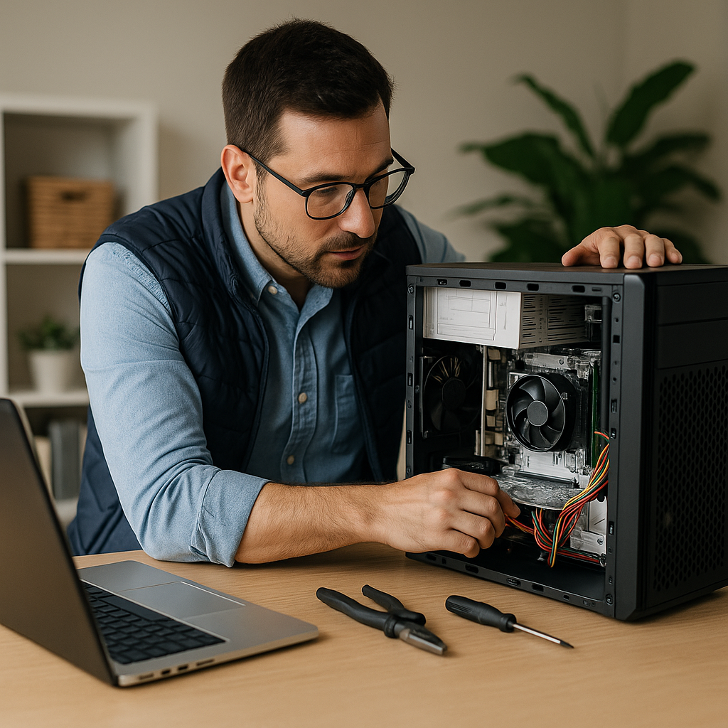 Image qui représente un technicien qui travaille sur un PC fixe