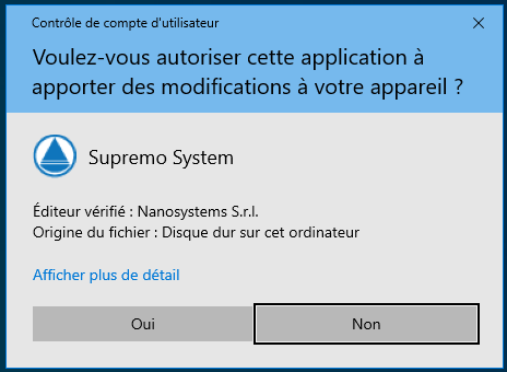 Affichage de la fenêtre demandant les droits d'administrateur sur Windows