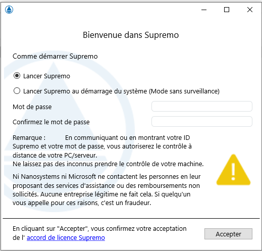 Fenêtre de lancement de Supremo